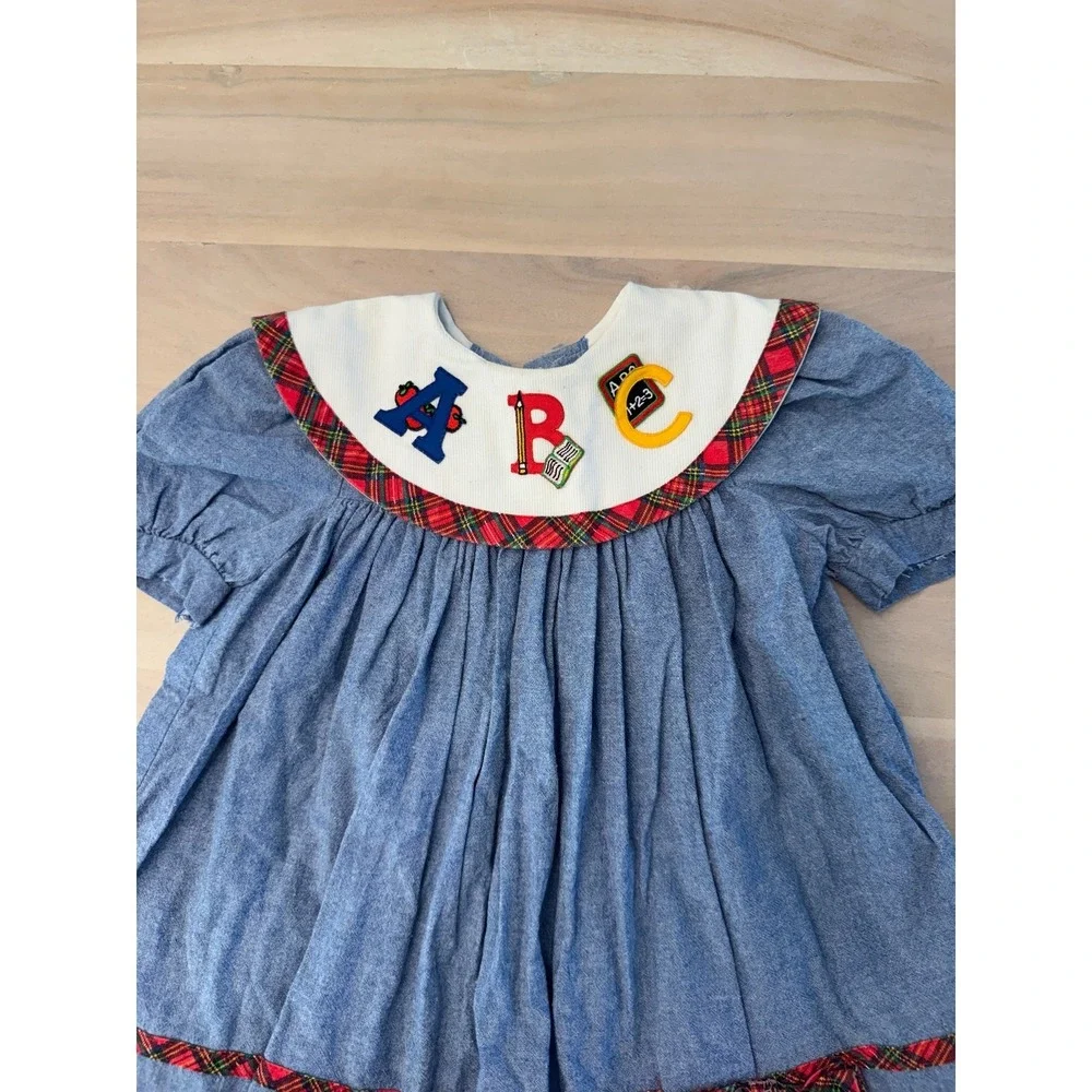 Vintage Girls Chambray Denim Dress ABC School Theme Made in USA 3T